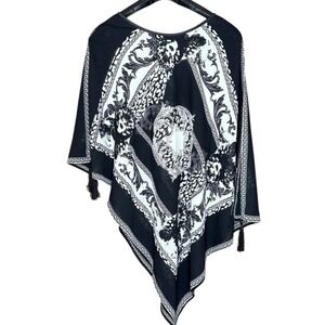 LM Beach Poncho Cover Up Womens Medium Tassel Black White Baroque Boho Statement